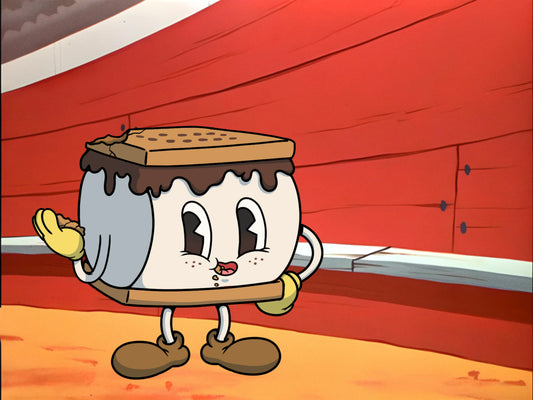 cartoon smore character standing outside a barn