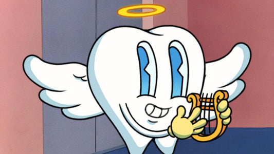 tooth with a harp, halo and wings