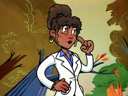 woman in a lab coat thinking